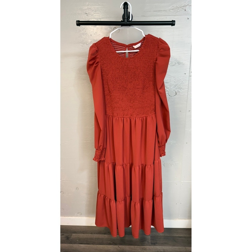 Kirundo‎ Rust Orange Smocked Tiered Midi Dress Puff Sleeve Large